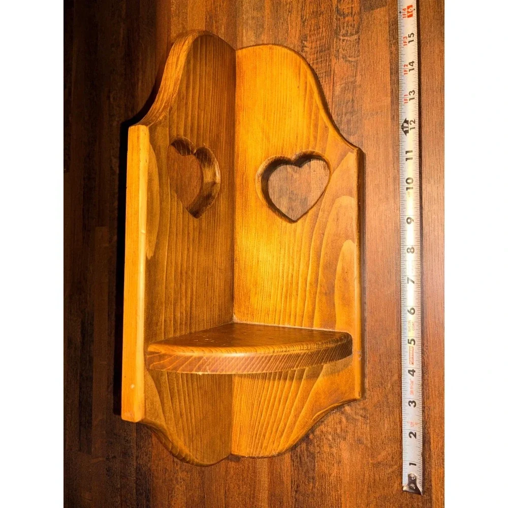 Vintage Pine Wood Corner Wall Shelf Heart Cutouts Country Farmhouse Decor 12in